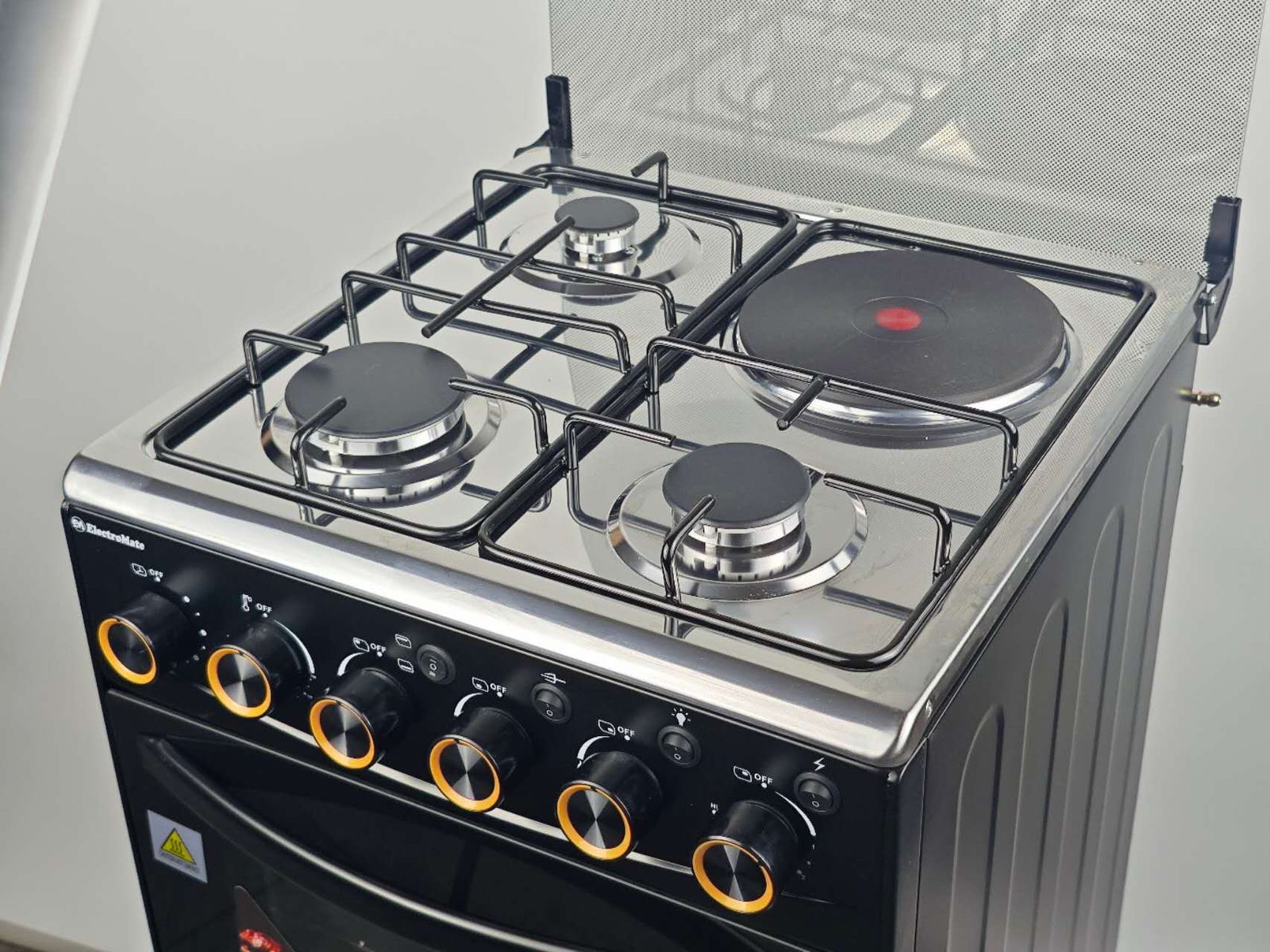 ELECTROMATE 50cm x 55cm, 3 Gas + 1 RAPID Hot Plate, Electric Oven & Rotisserie Free Standing Cooker