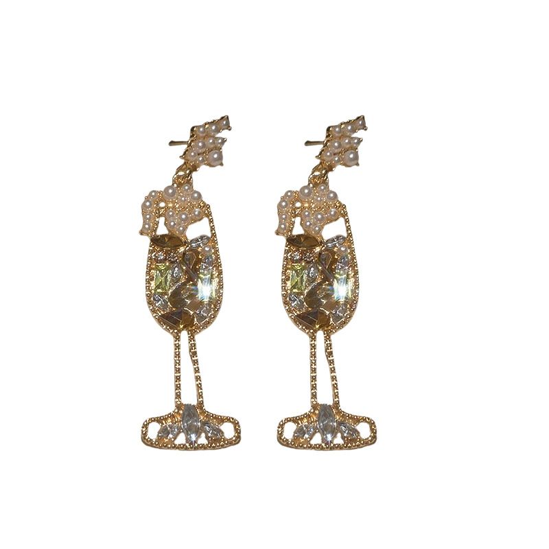 Silver Needle Inlaid With Diamonds, Pearl Wine Glass Earrings, Elegant Temperament, Light luxury, High-End Feeling, Palace Style Earrings