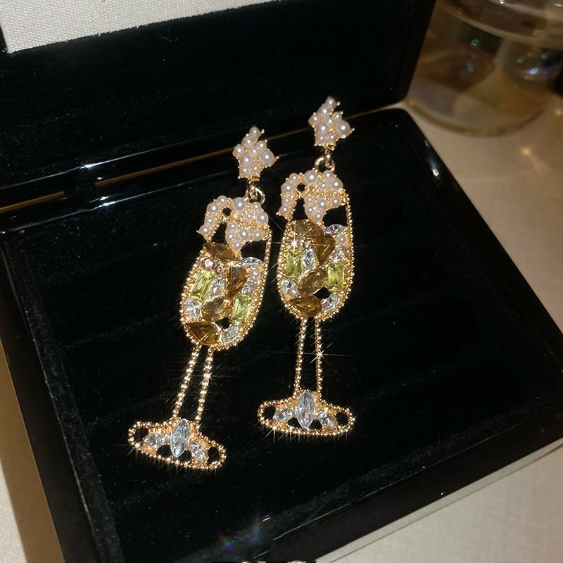 Silver Needle Inlaid With Diamonds, Pearl Wine Glass Earrings, Elegant Temperament, Light luxury, High-End Feeling, Palace Style Earrings