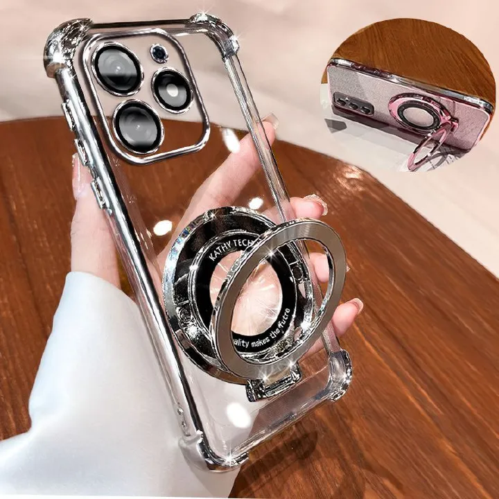 Transparent Soft Case for Tecno Pop 8 Fall Prevention Magnetic Kickstand Luxury Phone Case Protective Cover for Tecno Pop8