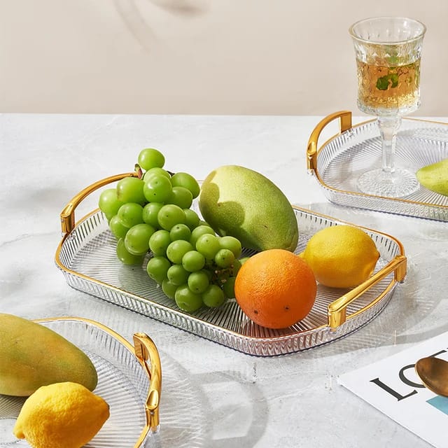 3pcs Acrylic Tray, SERVING TRAYS SET FOR KITCHEN RECTANGULAR STYLISH DESIGN FANCY COATED GOLDEN HANDLE