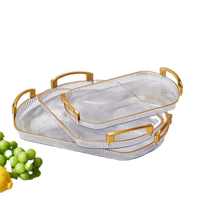 3pcs Acrylic Tray, SERVING TRAYS SET FOR KITCHEN RECTANGULAR STYLISH DESIGN FANCY COATED GOLDEN HANDLE