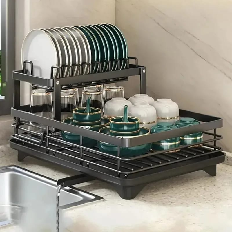 2 Tier Classy Dish Rack – High Quality Elegant & Durable Kitchen Organizer 2 Layer Carbon Steel With Tray, Cutlery Holder & Chop Board Holder