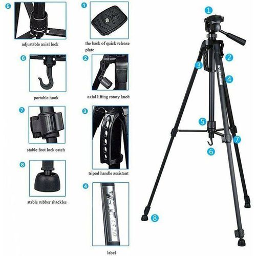 Tripod Stand For DSLR Camera, Phone,GoPro - WT 3520 Heavy Duty Stabilizer Tripod With Phone Holder