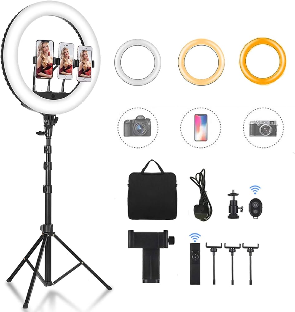 16 Inch Ringlight with FREE Bluetooth Shutter, Remote Control, 2M Tripod Stand, 3 Phone Holders - LED Dimmable Beauty Ring Light for Selfie Live Stream/Makeup/Youtube/Tiktok Video