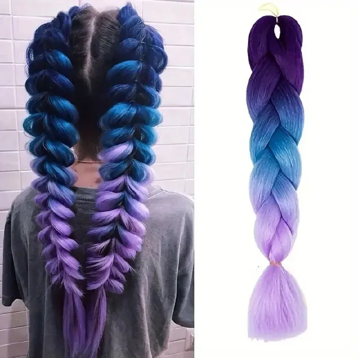 C26 Ombre Braid Violet Jumbo Braid for Kids for Box Braids Knotless Braids Cornrows and Twists Three-toned Ombre Braid Colored Dark purple Blue and Lilac