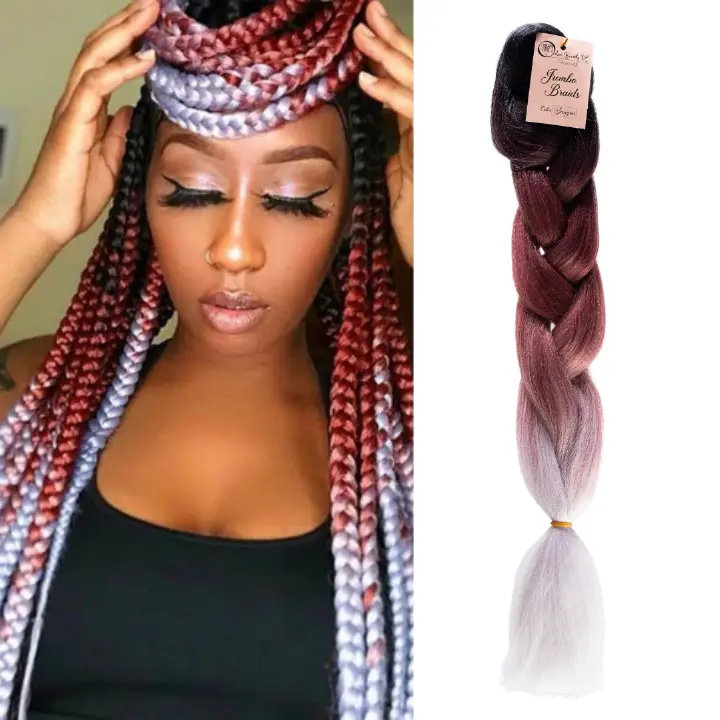 C17 Ombre Braid Sangria Jumbo Braid for Box Braids Knotless Braids Cornrows and Twists Three-toned Ombre Braid Colored Black Maroon and Light grey