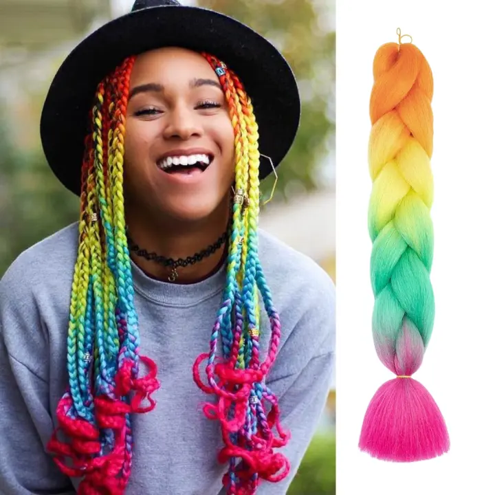 D3 Ombre Braid Rainbow Ombre Braid Rainbow Jumbo Braid for Box Braids Knotless Braids Cornrows and Twists Four-toned Ombre Braid Colored Orange Yellow Green Pink