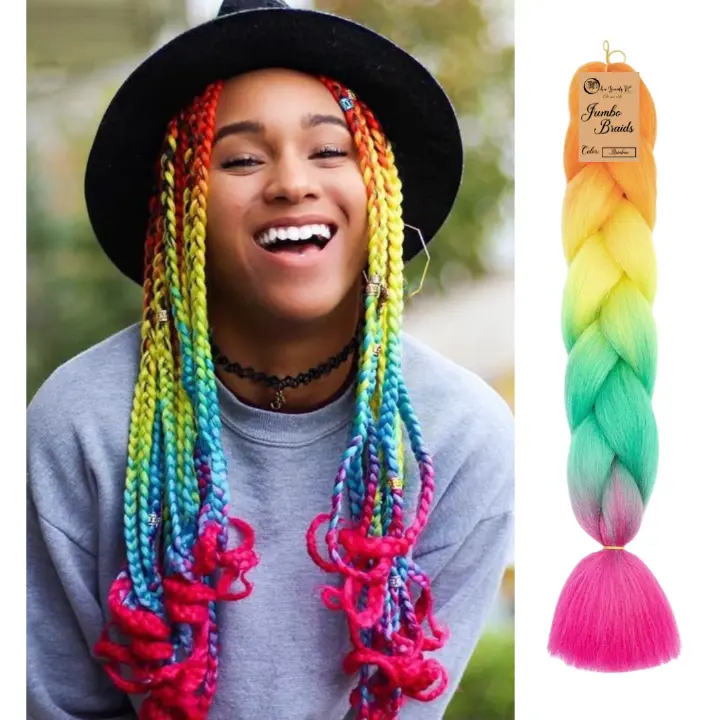 D3 Ombre Braid Rainbow Ombre Braid Ombre Braiding Hair for Box Braids Cornrows Knotless Braids and Twists Hairstyles Four-Toned Ombre Braid with Colors Orange Yellow Green and Pink