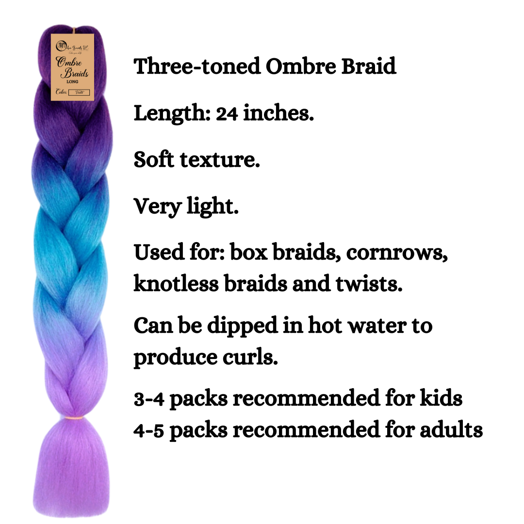 C26 Ombre Braid Long Ombre Braiding Hair Violet Ombre Braid for Box Braids Cornrows Knotless Braids and Twists Hairstyles Three-Toned Ombre Braid with Colors Dark Purple, Blue and Lilac
