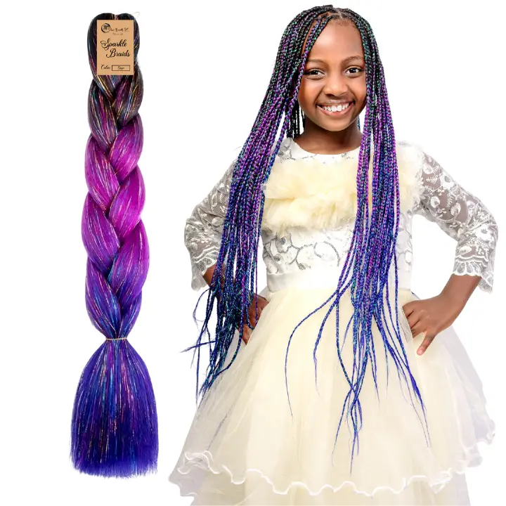 Sparkle Braids for Kids Glitter Ombre Braiding Hair Grape Sparkle Braid for Box Braids Cornrows Knotless Braids and Twists Hairstyles with Colors Black Light Purple and Blue