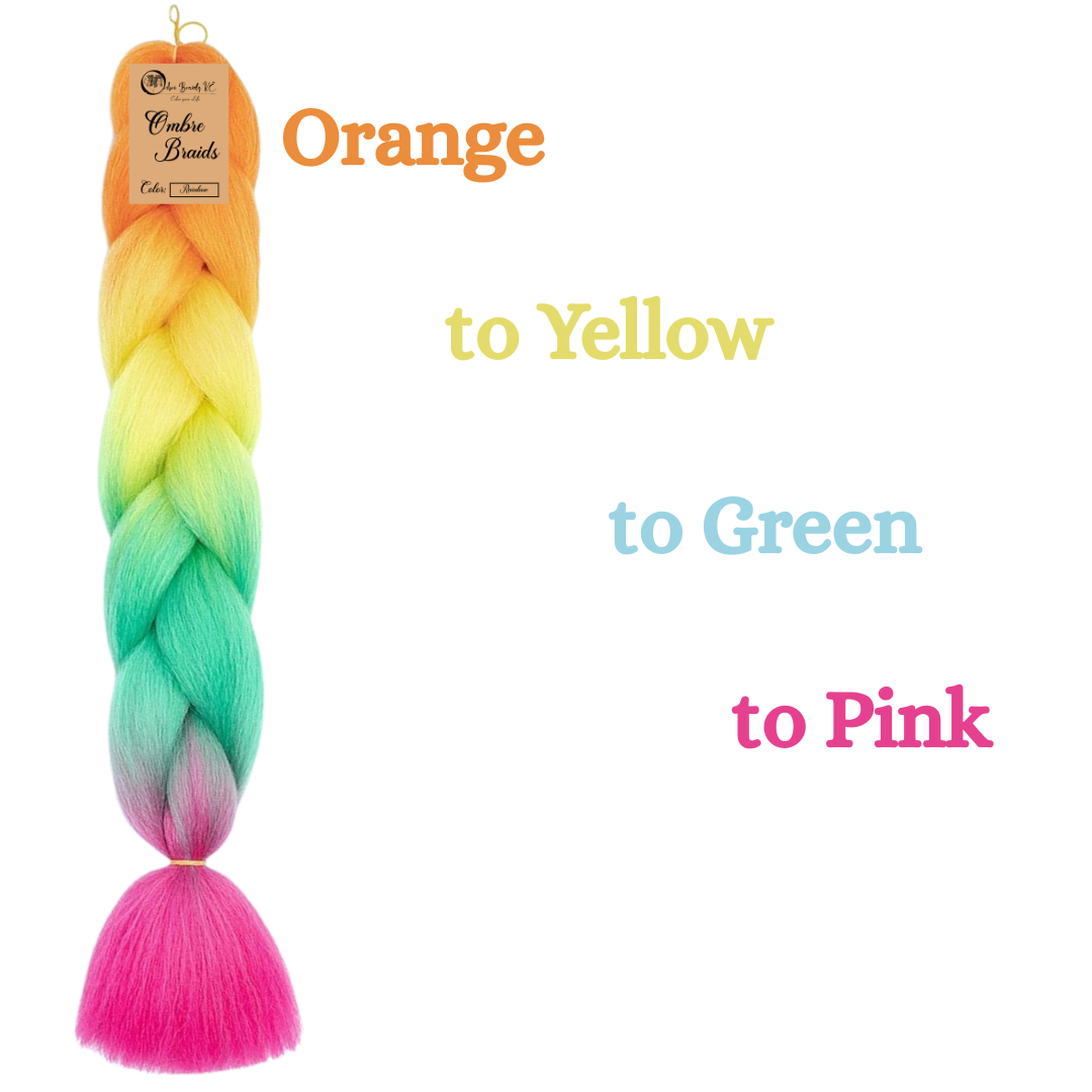 D3 Ombre Braid Rainbow Ombre Braiding Hair Rainbow Ombre Braid for Box Braids Cornrows Knotless Braids and Twists Hairstyles Four-Toned Ombre Braid with Colors Orange Yellow Green and Pink