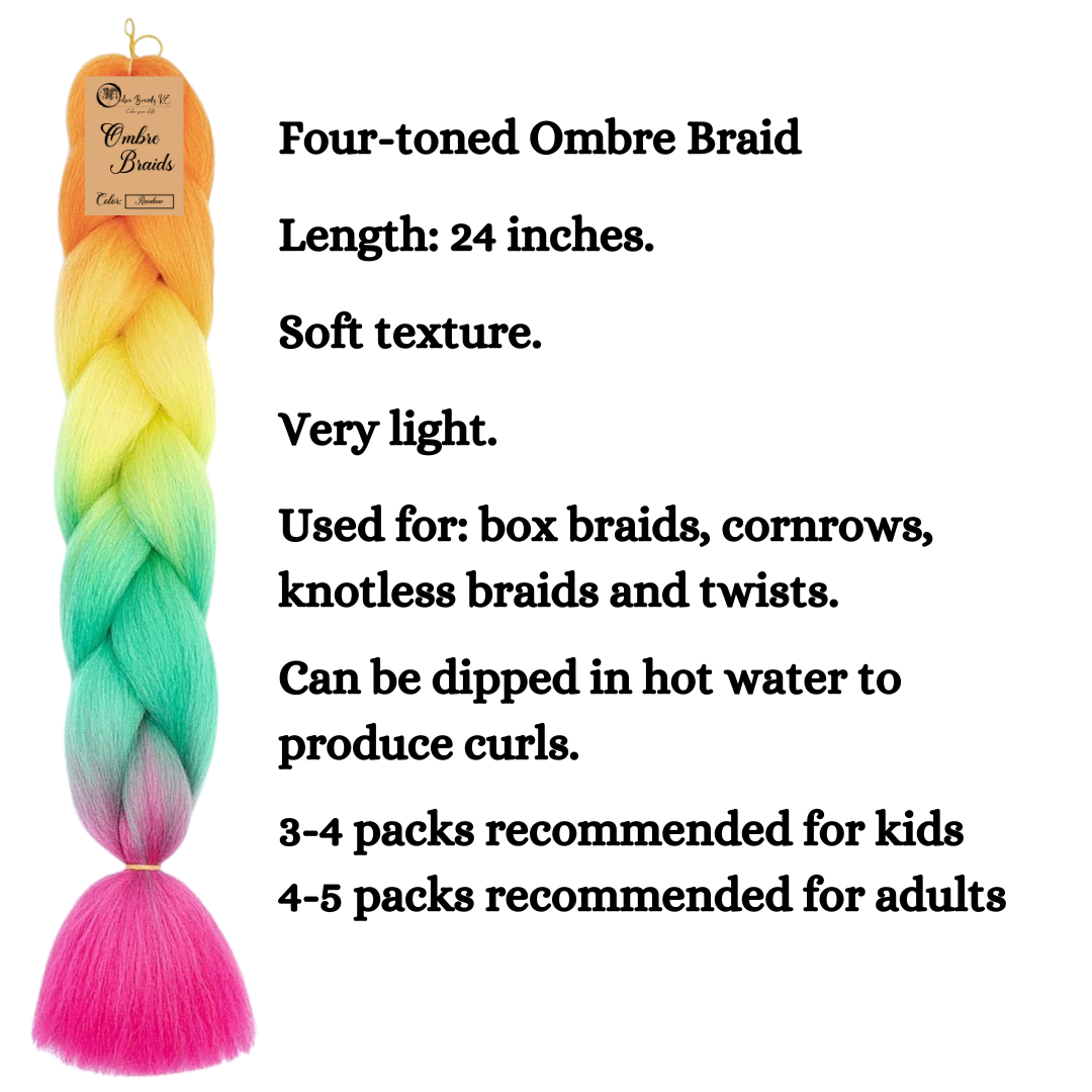 D3 Ombre Braid Rainbow Ombre Braiding Hair Rainbow Ombre Braid for Box Braids Cornrows Knotless Braids and Twists Hairstyles Four-Toned Ombre Braid with Colors Orange Yellow Green and Pink