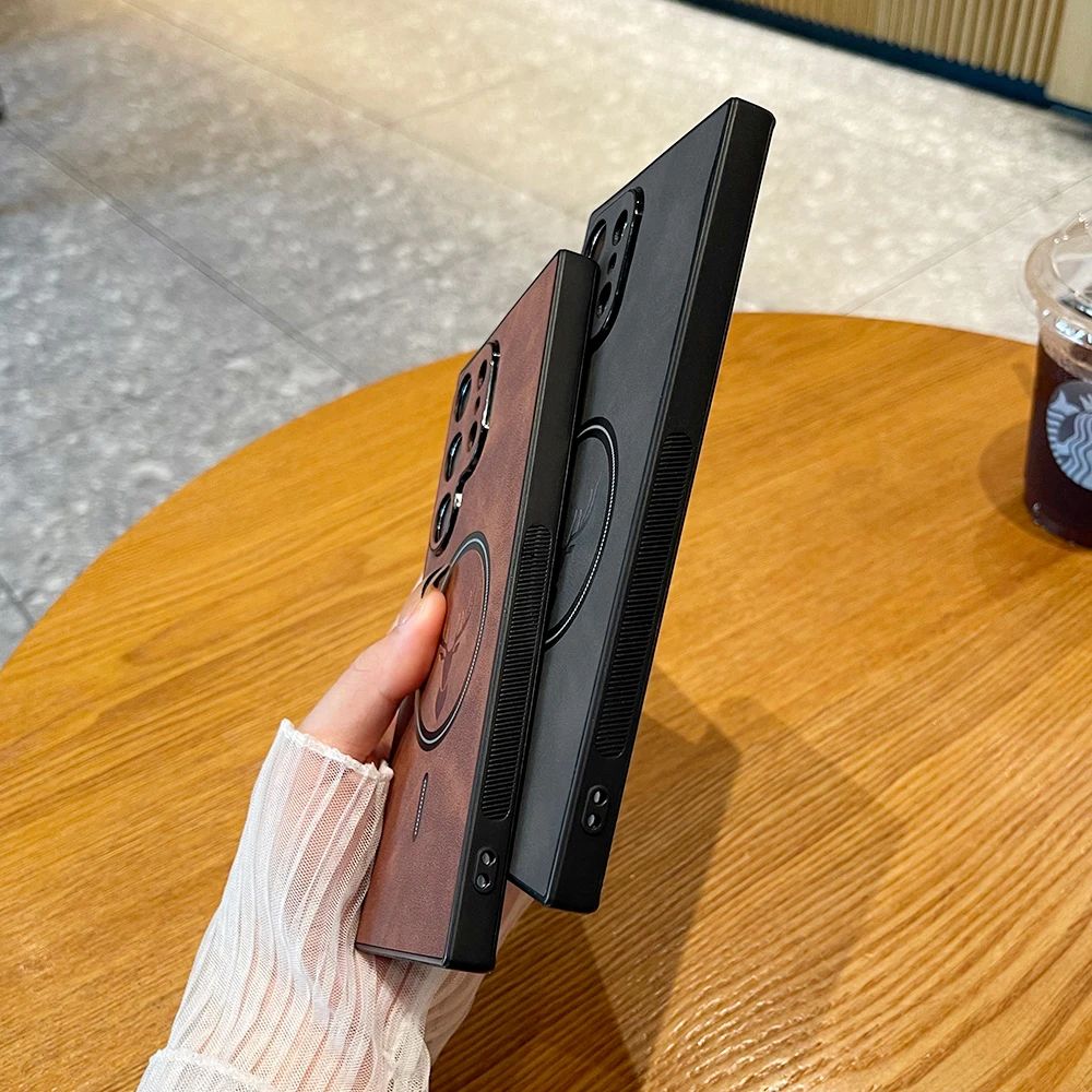 Luxury For Magnetic Wireless Charging Leather Phone Case For Samsung Galaxy S24 S23 S22 S21 Plus Ultra Cover Elk Deer Shell