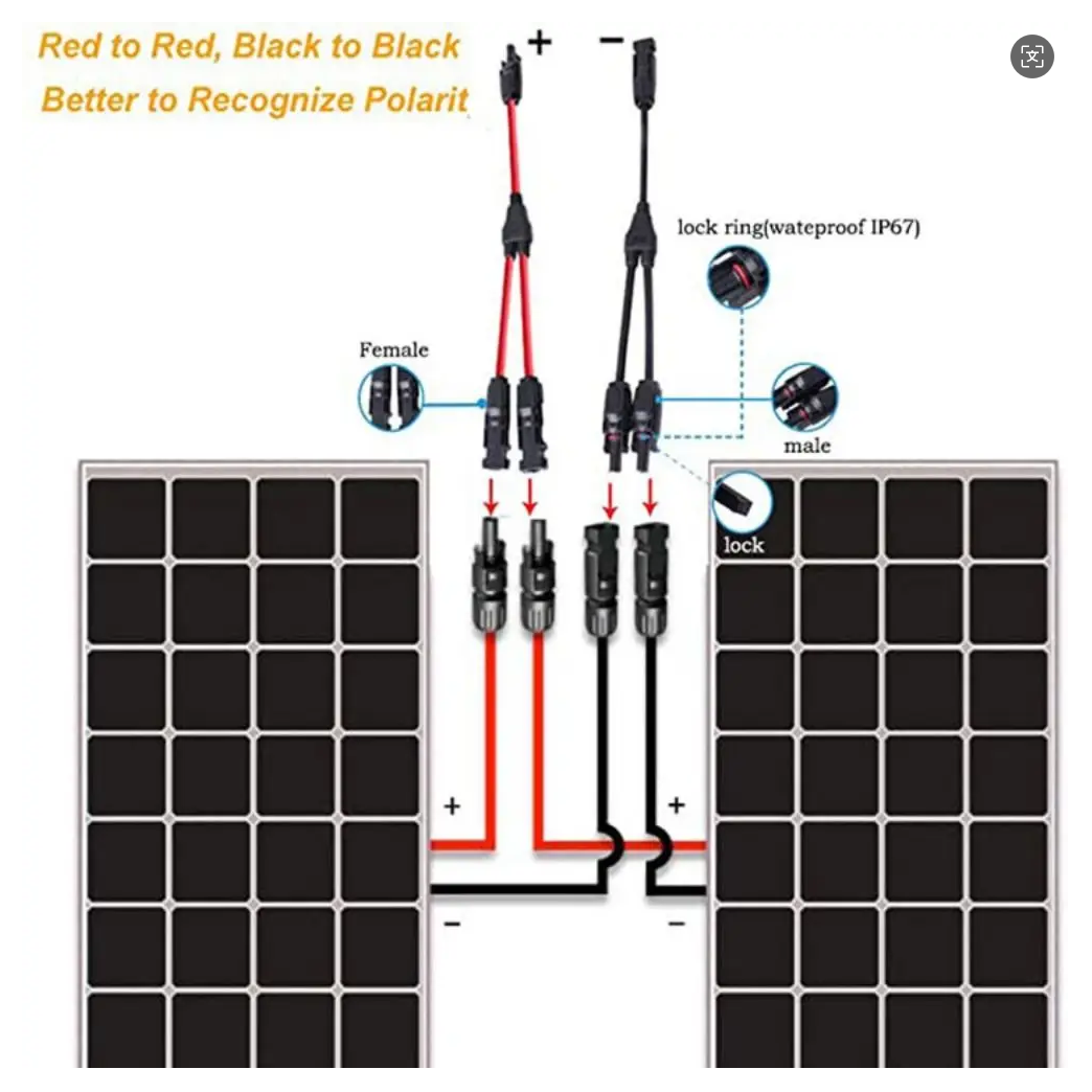 Tool-free Solar Panel Connectors MC4 1 to 2 Splitter Y Branch Adapter Heat Resistant Y-shape Solar Cable Parallel Adaptor