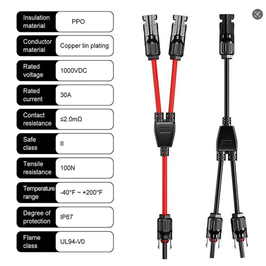 Tool-free Solar Panel Connectors MC4 1 to 2 Splitter Y Branch Adapter Heat Resistant Y-shape Solar Cable Parallel Adaptor