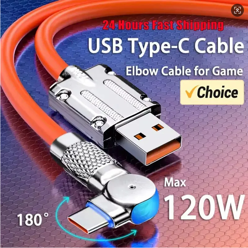 120W 7A Fast Charge USB Type C Cable 180 Degree Rotation Elbow Cable for Game for Xiaomi Redmi Honor Phone Charger USB C Cable
