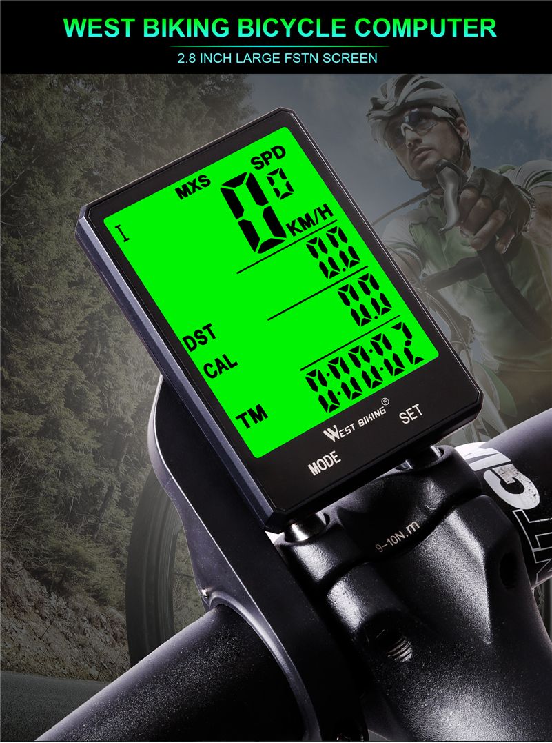 WEST BIKING Cycling Speedometer 2.8'' Large Screen Waterproof 20 Functions Wireless and Wired Bike Odometer Bicycle