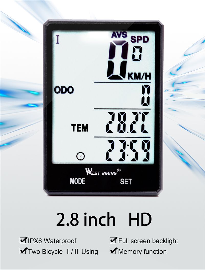 WEST BIKING Cycling Speedometer 2.8'' Large Screen Waterproof 20 Functions Wireless and Wired Bike Odometer Bicycle