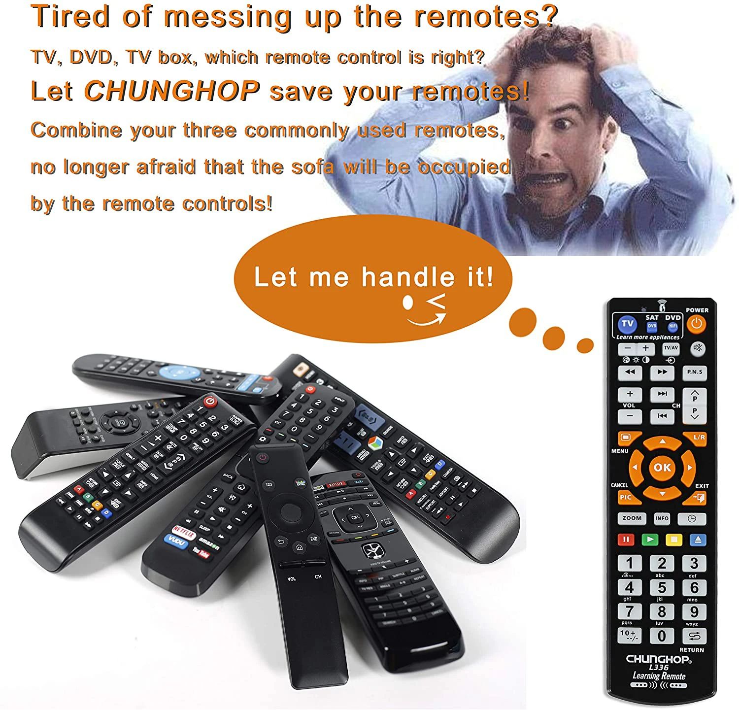3 in 1 Universal L336 Remote Control with IR Learning Function Copy TV CBL DVD SAT STB DVB Hi-Fi TV BOX VCR Player Programmable