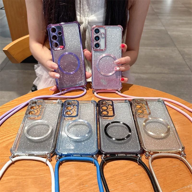 Plating Clear Magnetic Cases For Iphone 17 17pro 17promax 17Air 16 16E 16pro 16promax 16plus Crossbody Lanyard Necklace Cover 15 15pro 15promax 14 14pro 14promax 13 13pro 13promax 12 12pro 12promax