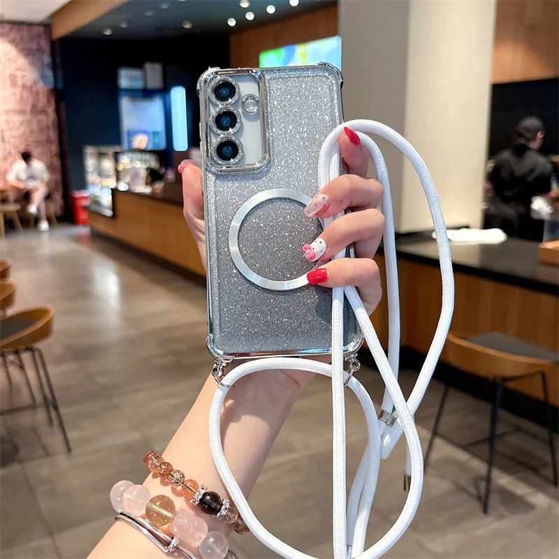 Plating Clear Magnetic Cases For Iphone 17 17pro 17promax 17Air 16 16E 16pro 16promax 16plus Crossbody Lanyard Necklace Cover 15 15pro 15promax 14 14pro 14promax 13 13pro 13promax 12 12pro 12promax