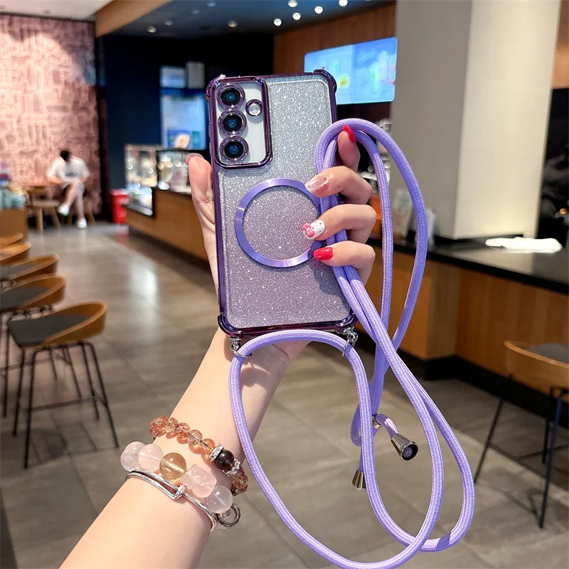 Plating Clear Magnetic Cases For Iphone 17 17pro 17promax 17Air 16 16E 16pro 16promax 16plus Crossbody Lanyard Necklace Cover 15 15pro 15promax 14 14pro 14promax 13 13pro 13promax 12 12pro 12promax