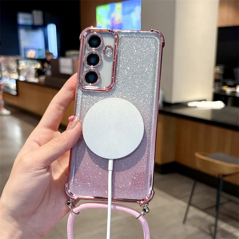 Plating Clear Magnetic Cases For Iphone 17 17pro 17promax 17Air 16 16E 16pro 16promax 16plus Crossbody Lanyard Necklace Cover 15 15pro 15promax 14 14pro 14promax 13 13pro 13promax 12 12pro 12promax