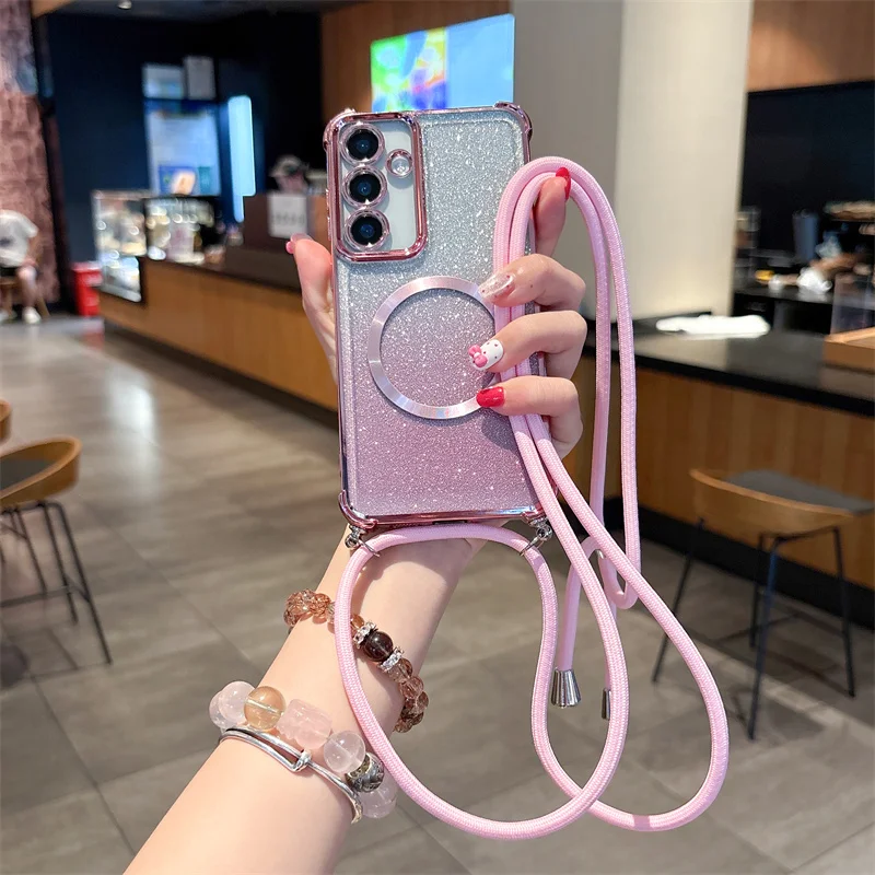 Plating Clear Magnetic Cases For Iphone 17 17pro 17promax 17Air 16 16E 16pro 16promax 16plus Crossbody Lanyard Necklace Cover 15 15pro 15promax 14 14pro 14promax 13 13pro 13promax 12 12pro 12promax