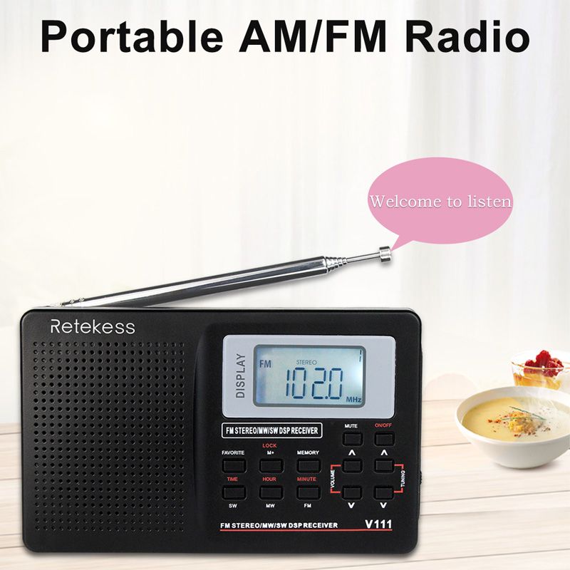 RETEKESS V111 Full Band Radio FM Stereo/MW/SW DSP World Band Receiver with Timing Alarm Clock Portable Radio Black F9201