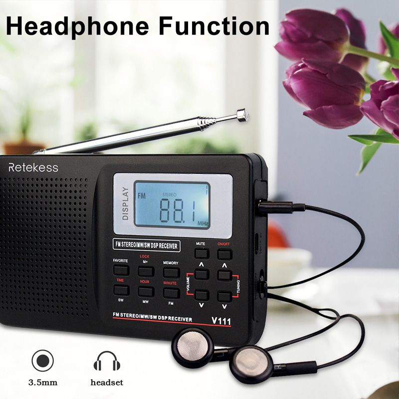 RETEKESS V111 Full Band Radio FM Stereo/MW/SW DSP World Band Receiver with Timing Alarm Clock Portable Radio Black F9201