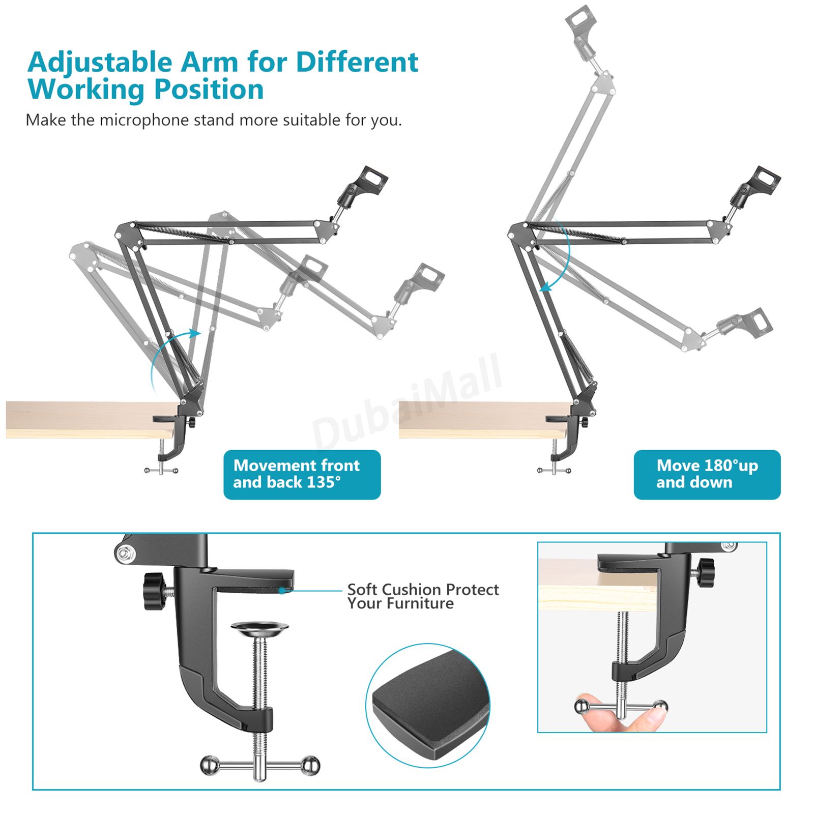 Extendable Recording Microphone Holder Suspension Boom Scissor Arm Stand Holder with Mic Clip Table Mounting Clamp