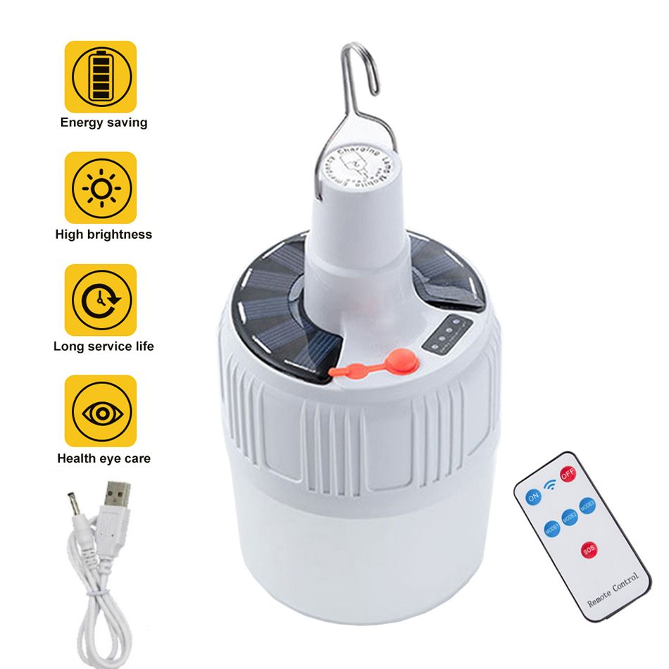 Portable LED Light Bulb Solar Remote control  Rechargeable Emergency Light Bulb Hook Light for Outdoor Camping Fishing