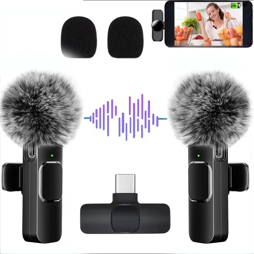 NEW 2.4G Wireless Lavalier Microphone Windproof Audio Video Recording Mic for IPhone/Android Live Broadcast Interview Vlog Mic K9 2 in 1