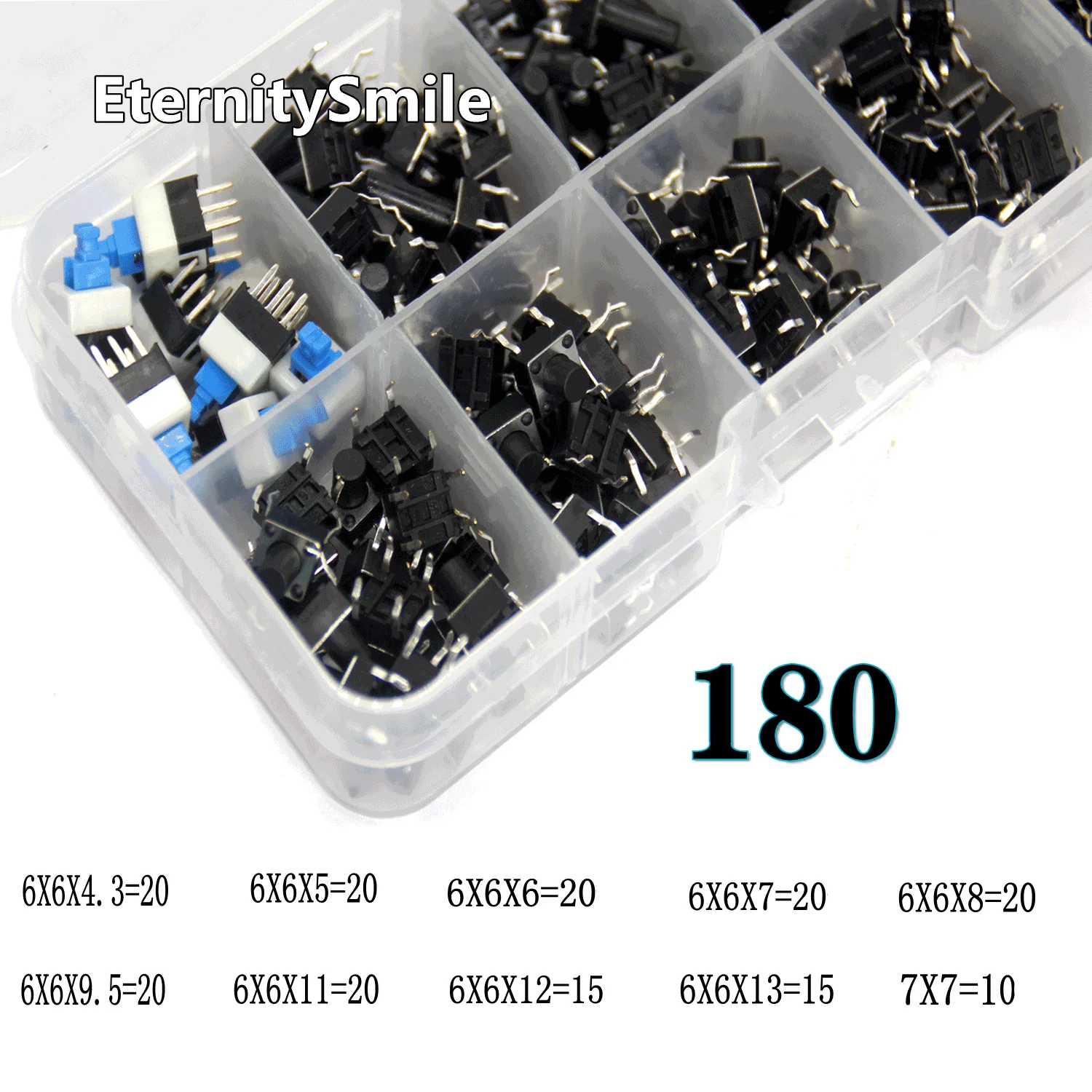 180Pcs 10 values 6*6*4.3/5/6/7/8/9.5/11/12/13H Tact Switch Tactile Push Button Switch Kit,  Micro Key Switch