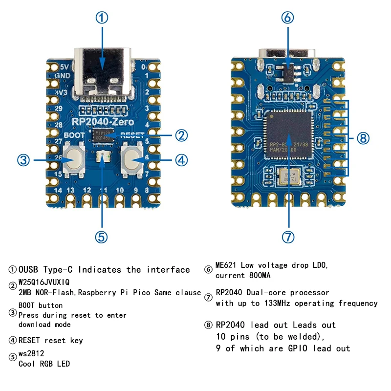 RP2040-Zero RP2040 for Raspberry Pi Microcontroller PICO Development Board Module Dual-core Cortex M0+ Processor 2MB Flash