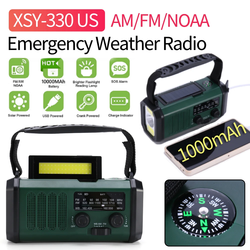 AM/FM/NOAA Weather Pocket Flashlight Radio SOS LED Emergency Radio Solar Hand Crank Powered Wind Up Phone Charger Bank XSY-330