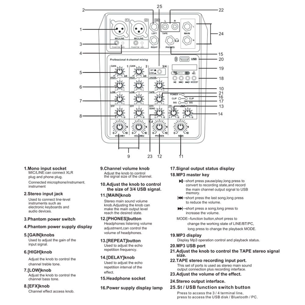 Pro Audio Recording 4 Channel Mixing Console USB Soundcard Bluetooth Sound Table Audio Mixer Professional Sound Card Portable