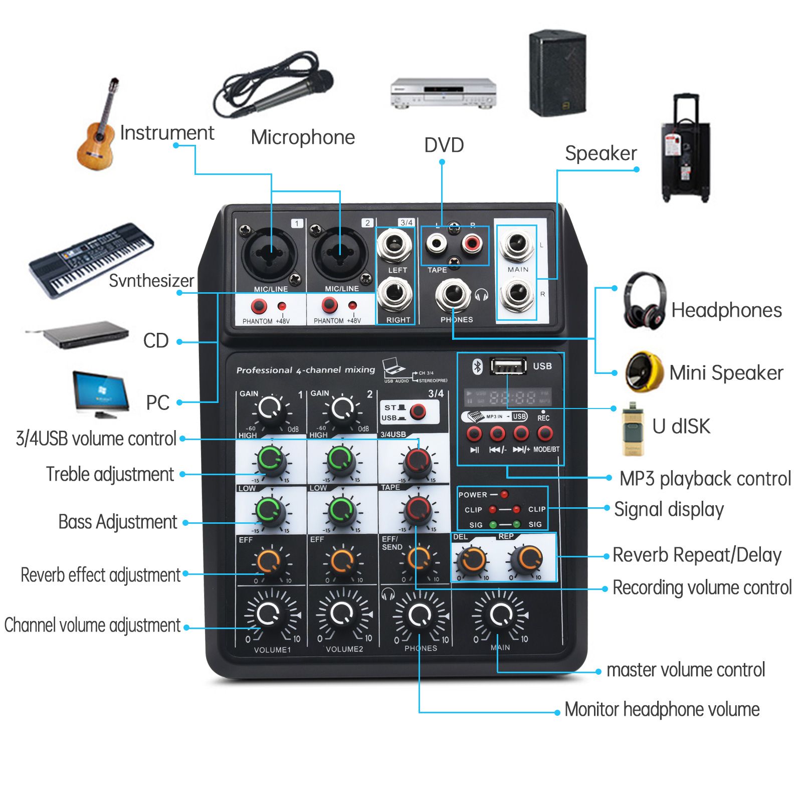 Pro Audio Recording 4 Channel Mixing Console USB Soundcard Bluetooth Sound Table Audio Mixer Professional Sound Card Portable