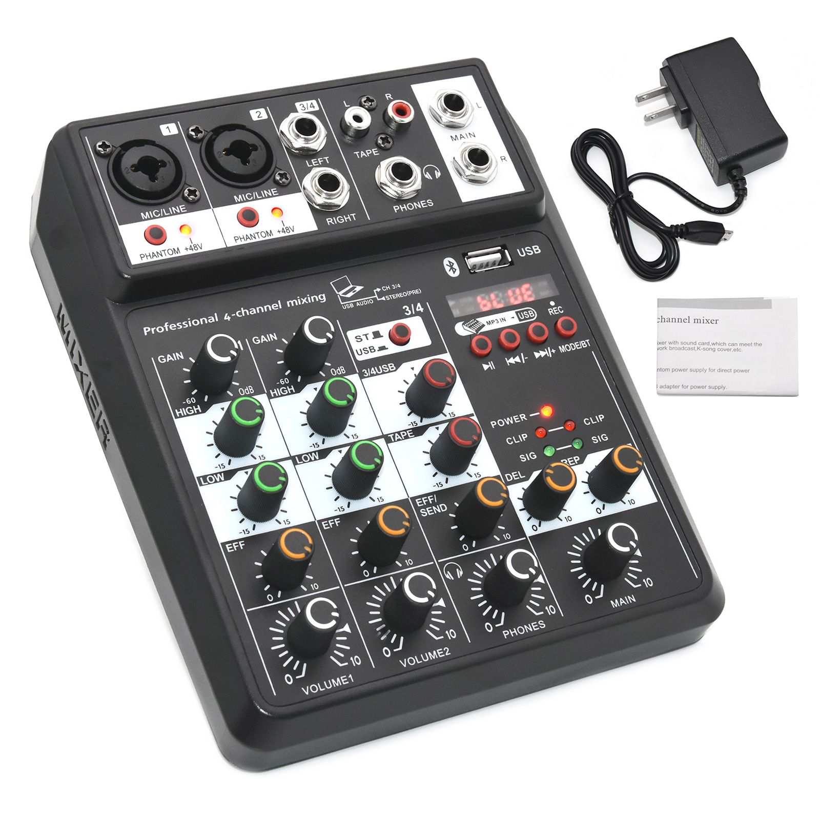 Pro Audio Recording 4 Channel Mixing Console USB Soundcard Bluetooth Sound Table Audio Mixer Professional Sound Card Portable