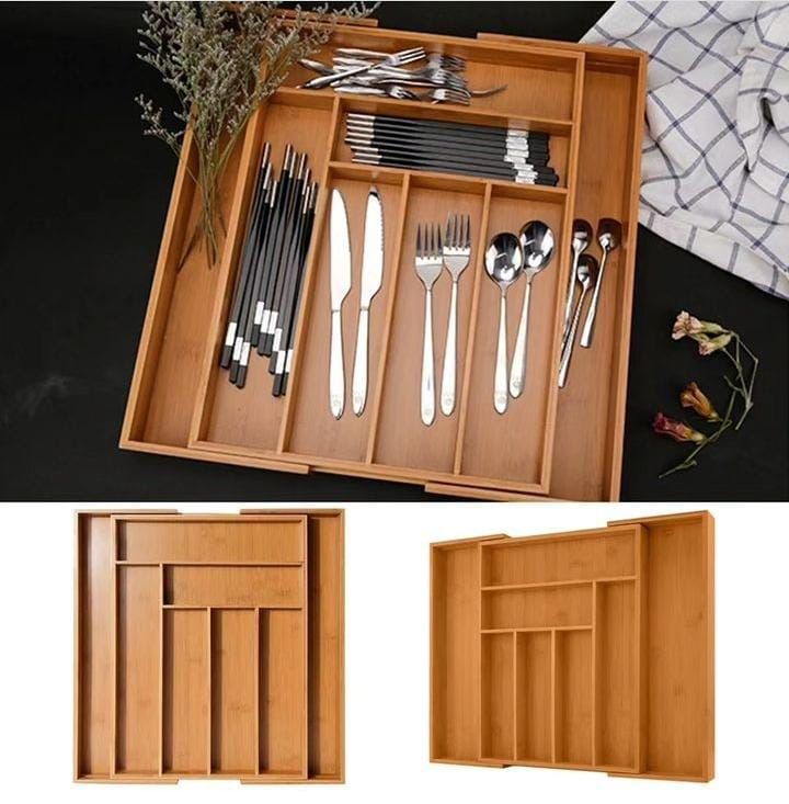 Expandable Bamboo Drawer Organizer Utensils Cutlery Tray
