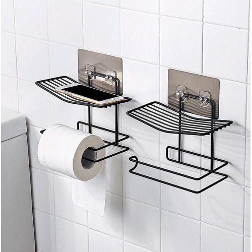 Bathroom Tissue Holder Adhesive Wall-Mounted Toilet Roll Paper Holder with Mobile Phone Stand Shelf