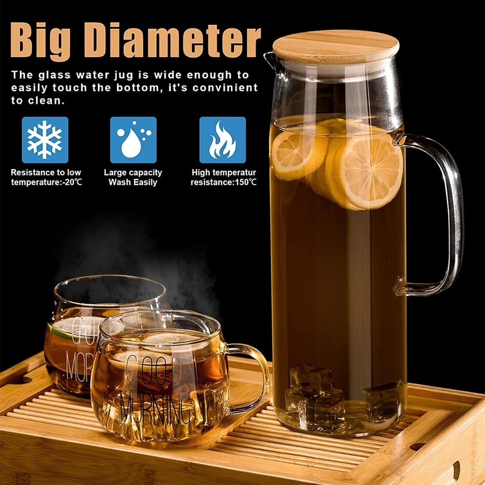 Share this product
1.7L Glass Water Pitcher jug with Handle and Bamboo Lid Heat Resistant Cold Hot Kettle