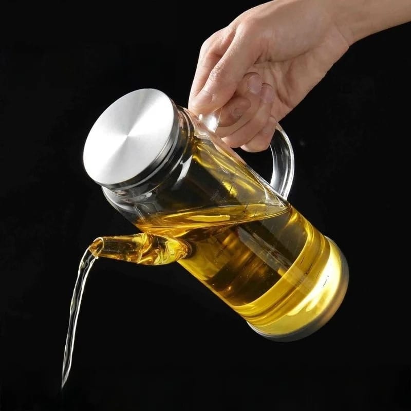 Glass oil/vinegar dispenser/jar with bamboo lid and non-slip rubber base 1ltr