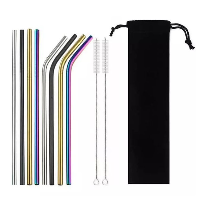 8Pcs Eco-friendly Reusable Metal Straws Jumbo Smoothie Straws 304 With Carrying Pouch And Two Cleaning Brush
