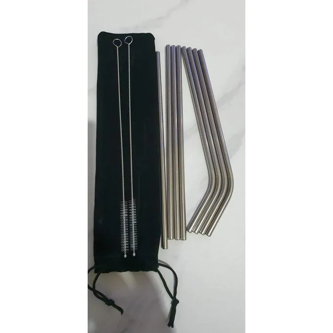 8Pcs Eco-friendly Reusable Metal Straws Jumbo Smoothie Straws 304 With Carrying Pouch And Two Cleaning Brush