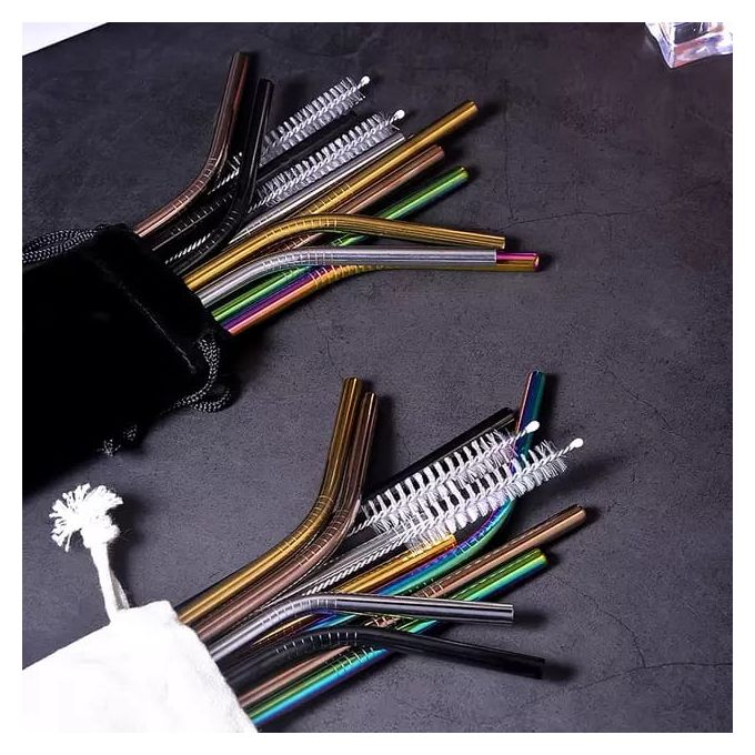 8Pcs Eco-friendly Reusable Metal Straws Jumbo Smoothie Straws 304 With Carrying Pouch And Two Cleaning Brush