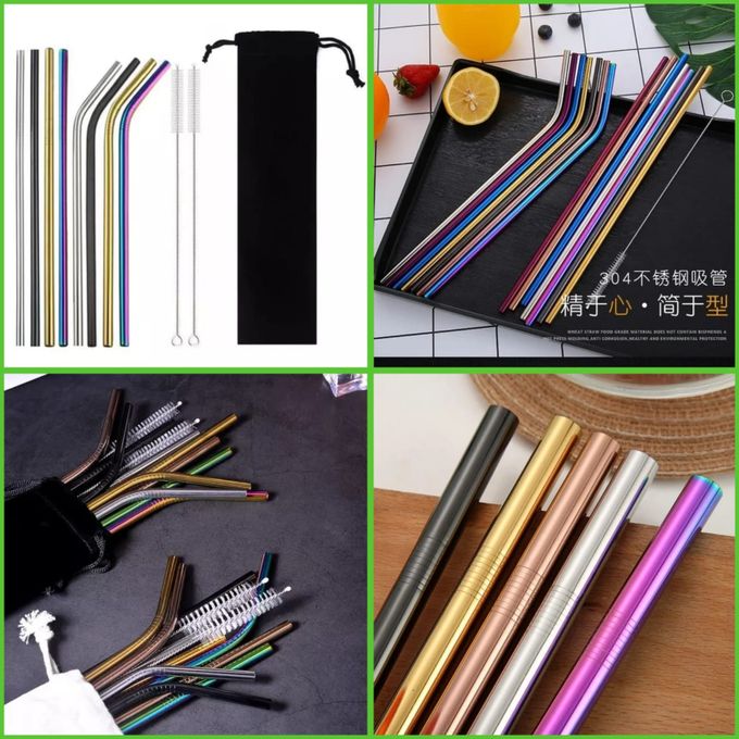 8Pcs Eco-friendly Reusable Metal Straws Jumbo Smoothie Straws 304 With Carrying Pouch And Two Cleaning Brush