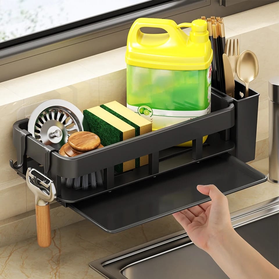 Kitchen Sink Rack Kitchen Sink Organizer Caddy Storage with a draining tray, towel hook and cutlery holder