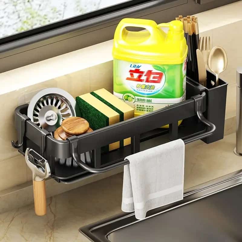 Kitchen Sink Rack Kitchen Sink Organizer Caddy Storage with a draining tray, towel hook and cutlery holder